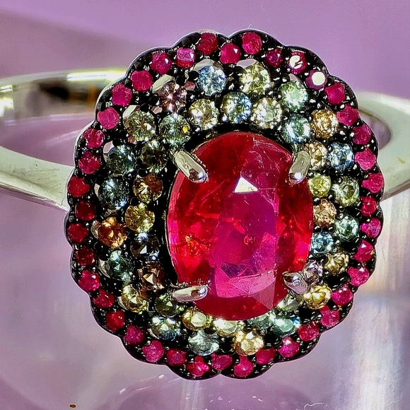 925 Sterling Silver Ring Sz 7.75 with Natural Oval Ruby 6×8mm & Myanmar Sapphire - Picture 5 of 12